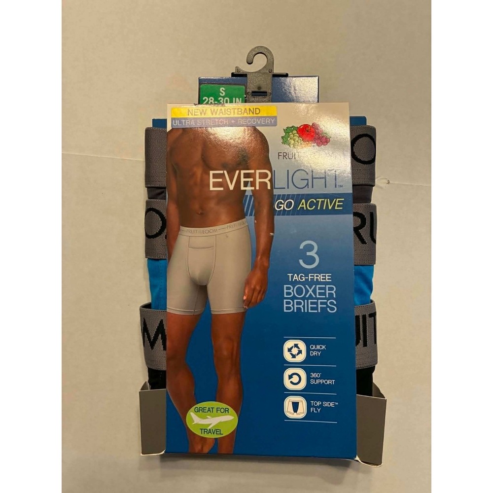Fruit of the Loom Everlight Go 3PK Boxer Briefs Small 28-30 Blue Gray Black